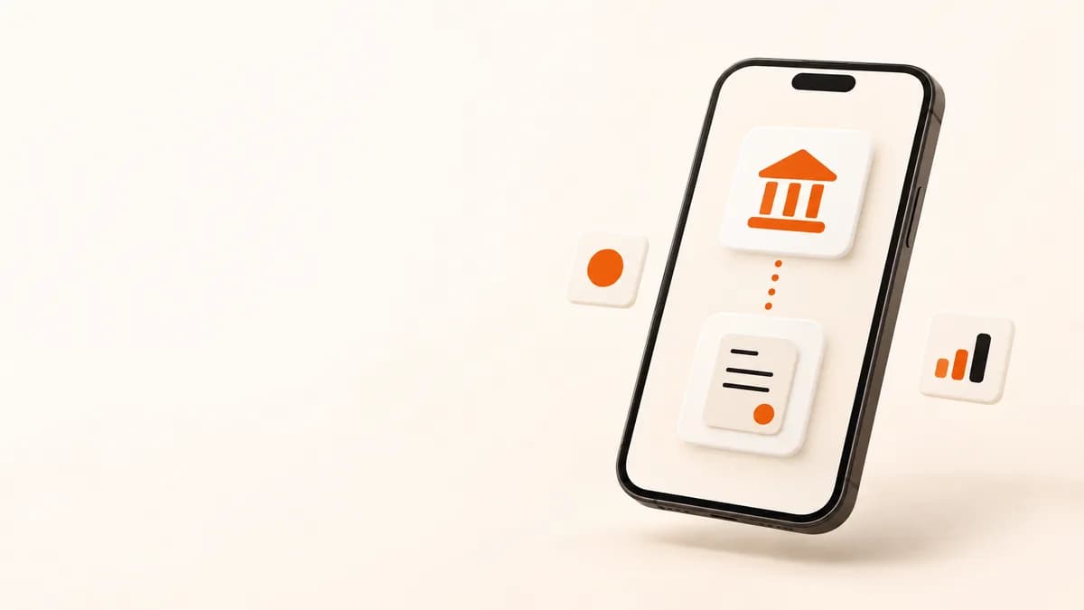Illustration of a phone linking a bank icon to a document