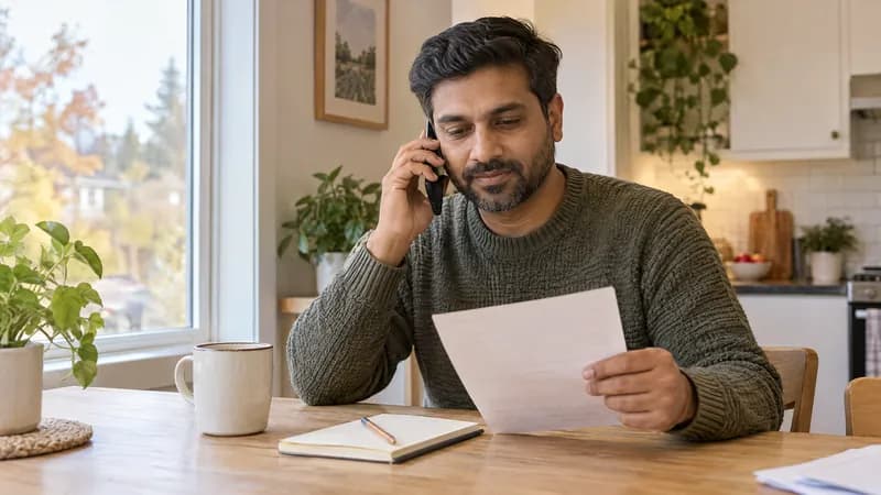 A man on the phone at his kitchen table, reading a bill