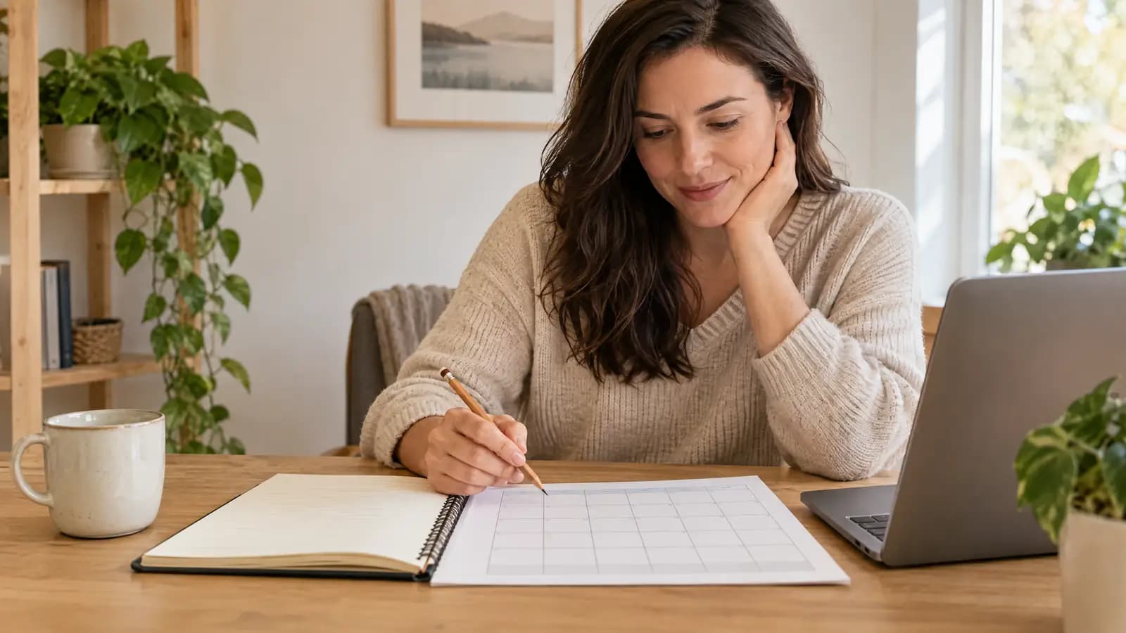 Person planning upcoming payments with a calendar and notebook.