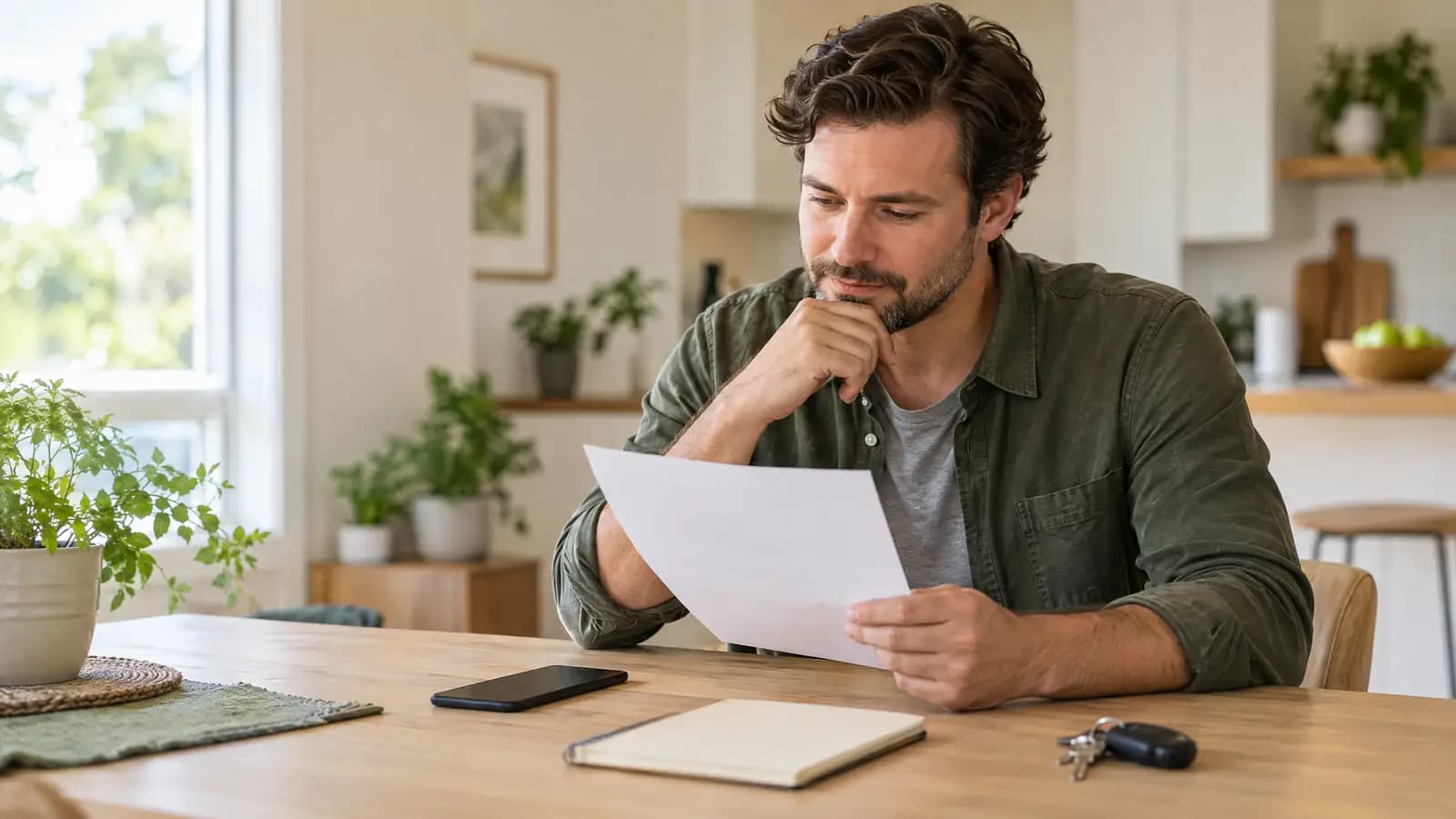 Person reviewing a repair estimate beside a phone and notebook.